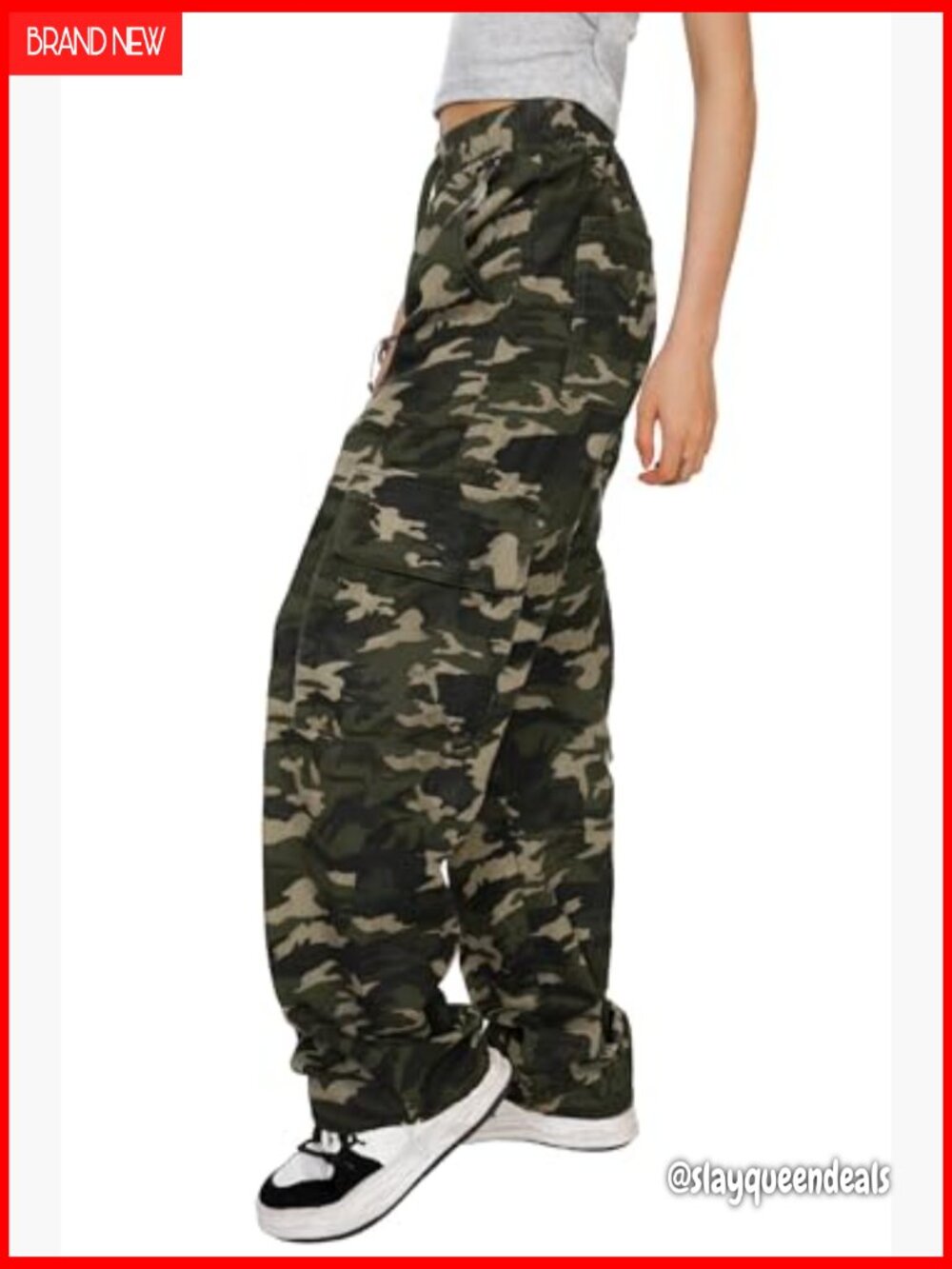 High Waisted Wide Leg Camo Cargo Pants Baggy Straight Jeans - Picture 3 of 6